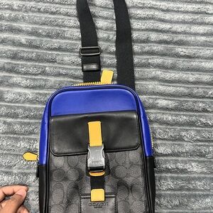 Coach Men's Black and Blue Belt Bag with Yellow Accents